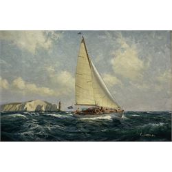 Tom Lowery (20th century): Racing Yacht 'Phylene' off the Needles Isle of Wight, oil on canvas covered board signed and dated 1968, titled verso 49cm x 75cm