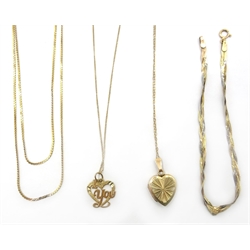  Gold necklace with locket, gold pendant necklace, gold chain necklace and a tri-colour gold bracelet all 9ct approx 8.7gm  