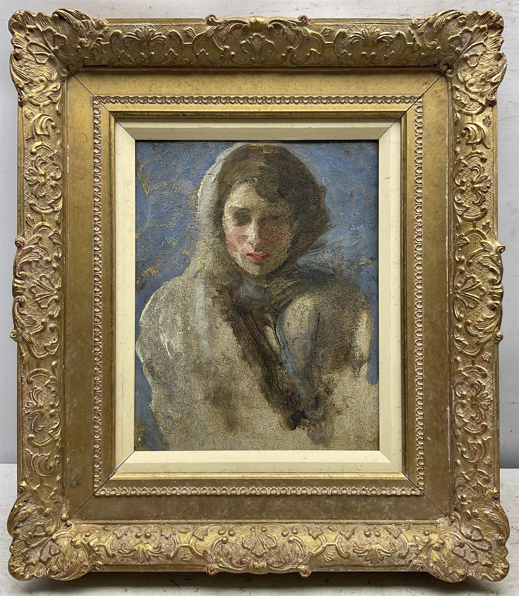 Richard Pikesley RWS PPNEAC (British 1951-): Portrait of a Lady, oil on panel unsigned, indistinctly titled and attributed verso 24cm x 19cm