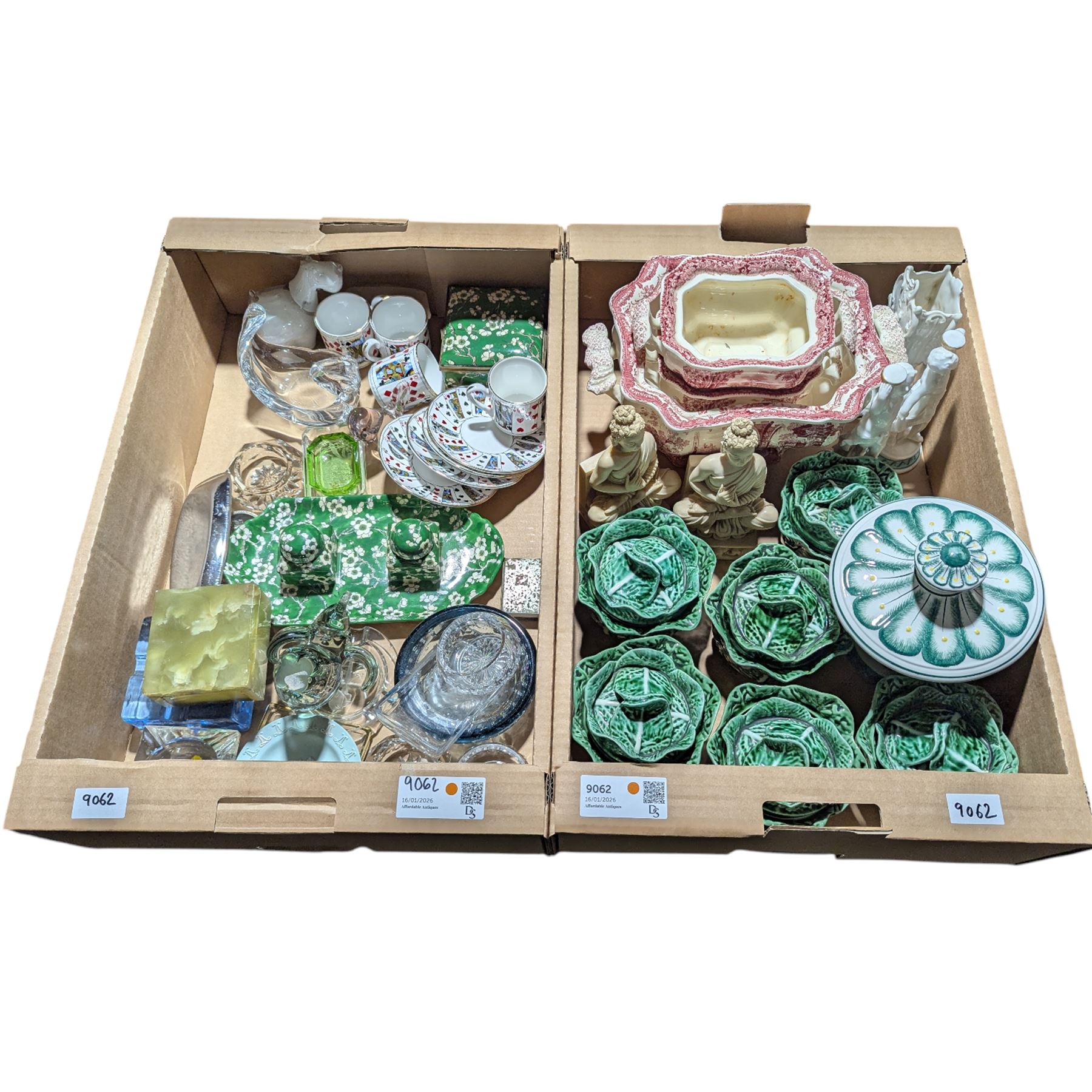 Set of six cabbage leaf  shaped covered dishes, set of four 'Elizabethan' coffee cups and saucers, Italian vase and covers, pair of classical figures, etc in two boxes
Provenance: from the Kirkham Hall estate. 