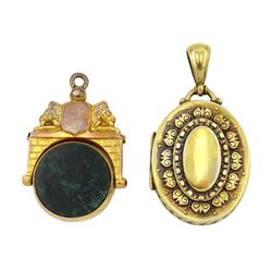  Victorian 9ct gold gate with lion head design, bloodstone and agate swivel fob, hallmarked and a Victorian gold locket pendant