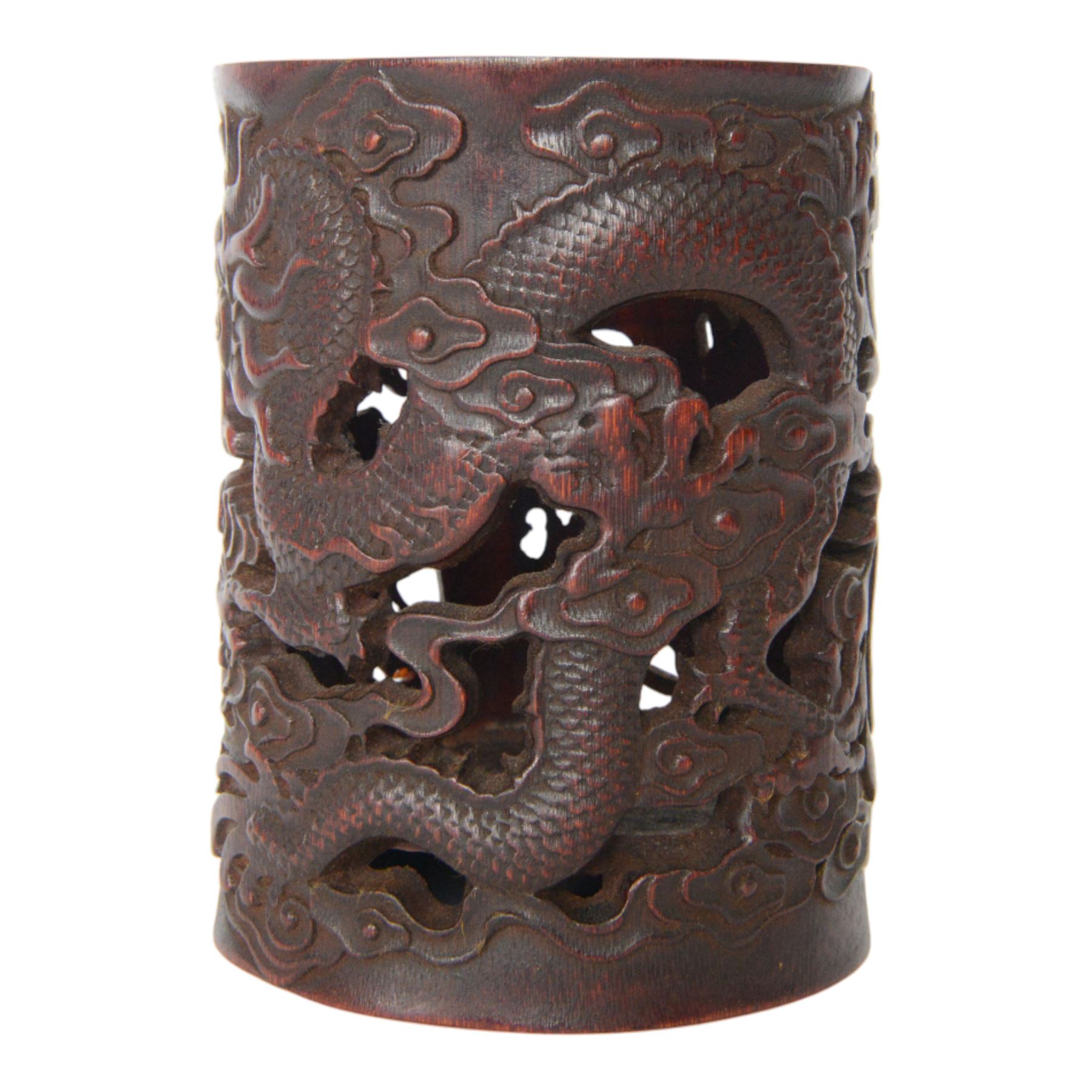 Carved brush pot, decorated with dragon and ho ho bird, H17cm