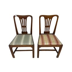 Pair 19th century elm chairs, with pierced splat back and drop in seat pad, raised on squared supports with inner chamfer