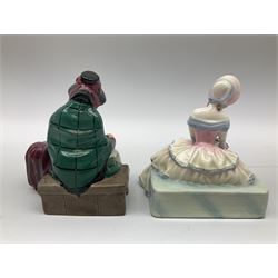 Group of figures, comprising six Royal Doulton examples, Daydreams HN1731, Silks and Ribbons HN2017, Tom Sawyer HN2926, Marie HN1370, Bo-Peep HN1811, and Tinkle Bell HN1677, together with a Dresden type 'lace' example, and a Coalport 'Swiss Cottage', (8)