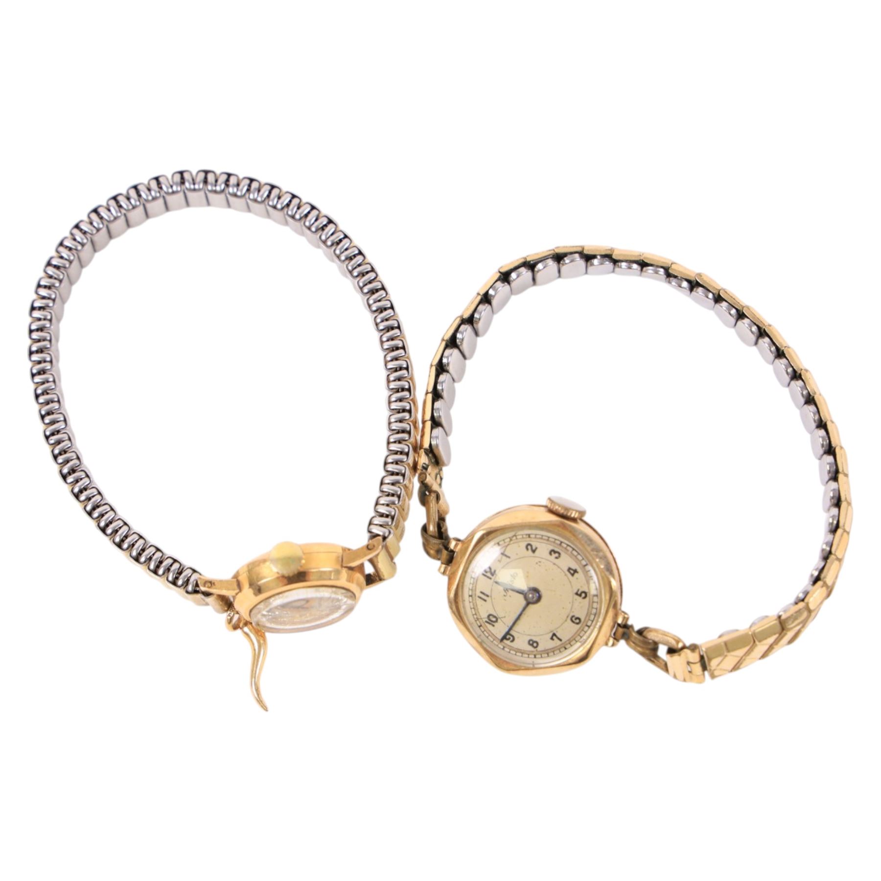 Veroni ladies 18ct gold manual wind wristwatch, stamped 750, on expanding gold-plated expanding strap, with 18ct gold Italian horn charm and an Aristo 9ct gold manual wind wristwatch, hallmarked, on expanding gold-plated bracelet