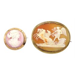 Victorian gold mounted cameo brooch, depicting winged female figure with three horses and one other rose gold mounted conch shell cameo depicting a female bust
