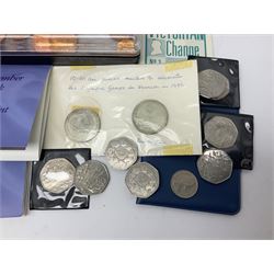 Great British and World coins, including small number of pre 1920 silver coins, pre-decimal coinage, commemorative crowns, Britain's first decimal coins sets in blue wallets, Swiss francs etc