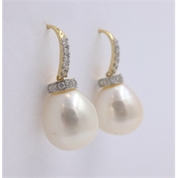 Pair of pearl and diamond white gold drop ear-rings, diamonds approx 0.4 carat, tested 18ct  