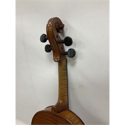 Four violins 1/8th size; half size with Nicolas Bertholini label; three-quarter size with Stradivarius copy label; and full size with Marquis De L'Air label (4)