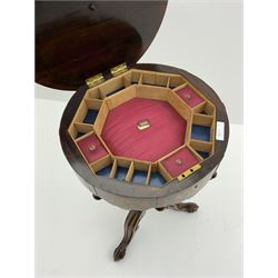 Victorian inlaid rosewood work sewing box, curved trumpet form with circular hinged lid inlaid with warrior woman on horse surrounded by trailing foliate, fitted interior, on scrolled carved splayed supports