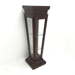 Mahogany tapered glass display pedestal, single door enclosing two glazed shelves, W36cm, H122cm, D36cm