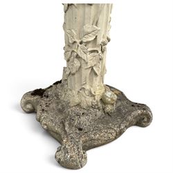 Weathered cast stone birdbath, the kylix shaped bowl with fluted body, raised on a fruiting foliate vine decorated fluted pedestal with upper knop and bird and fieldmouse motifs, shaped square base with scroll feet