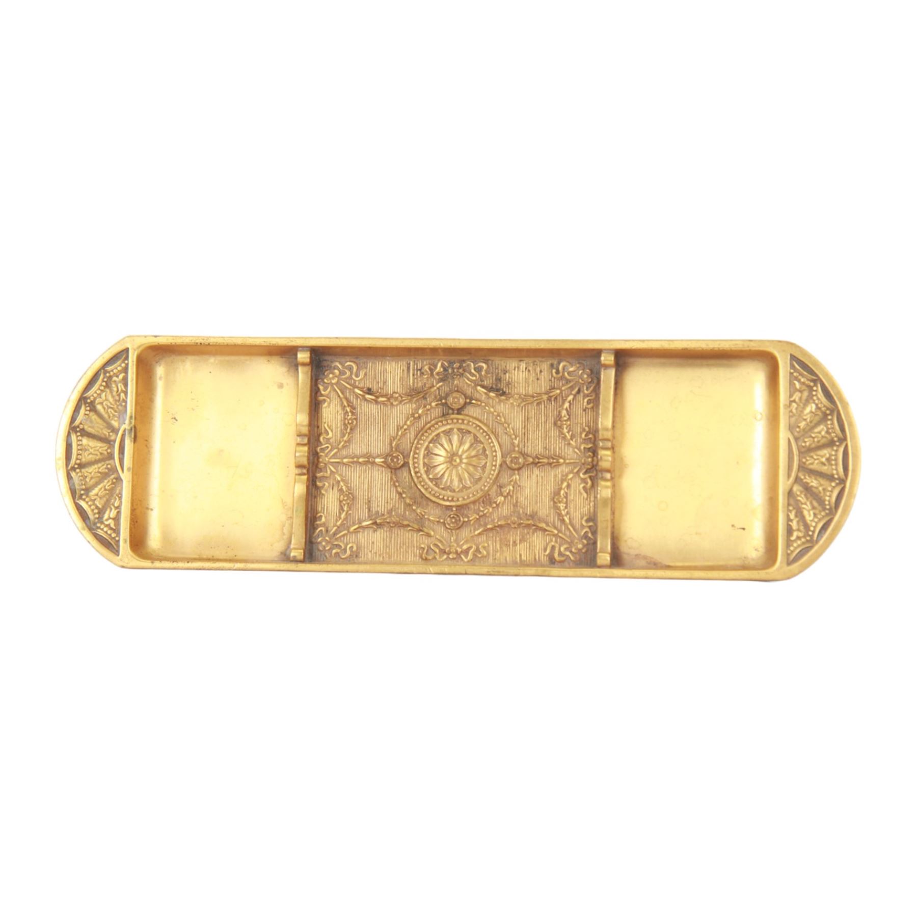 Early 20th century Tiffany & Co three piece gilt bronze Adam pattern desk tray, of oblong form with three divisions, decorated with patera and husk swags, stamped beneath Tiffany Studios New York, inkwell H6.5cm W10.5cm, tray W24.5cm
