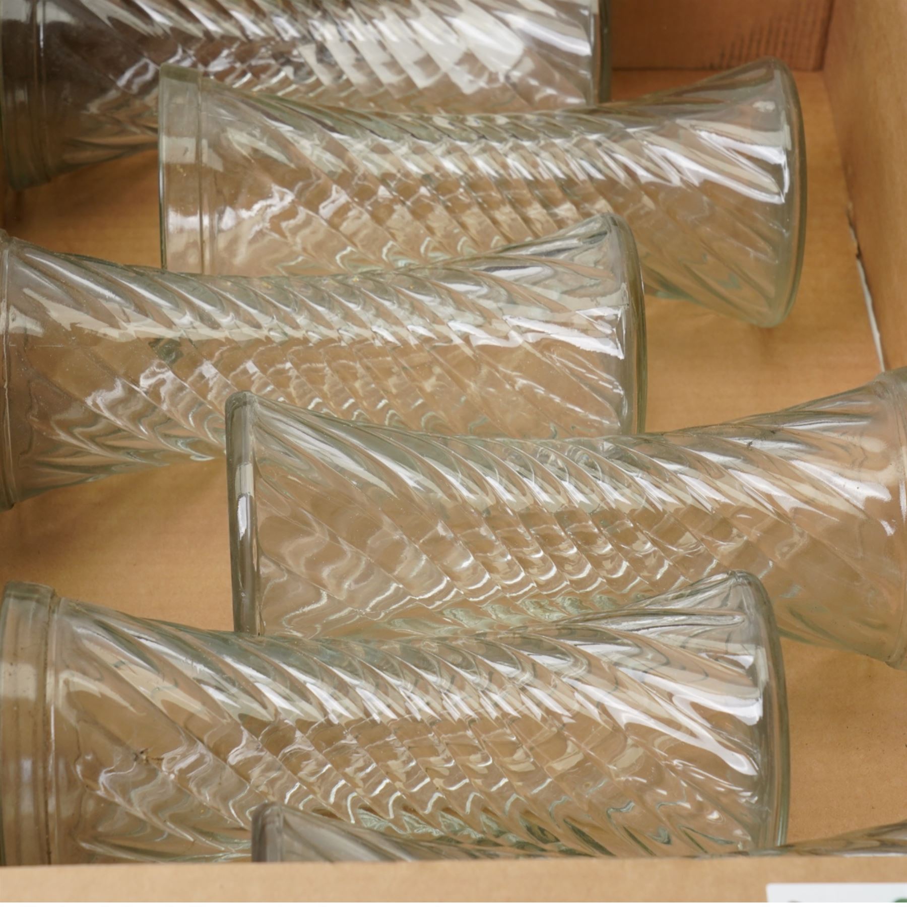 Set of twelve glass vases H25cm, three glass soda syphons and a set of seven glass vases in two sizes