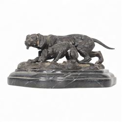 After Antoine Lois Barye, bronze figure group depicting hunting dog and pup, upon a black ...