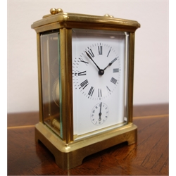  20th century French brass carriage clock, with subsidiary alarm dial, striking on bell, stamped 417, H12cm  
