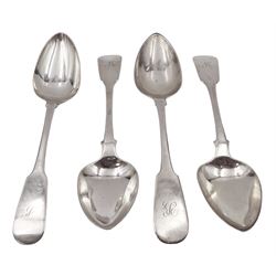 Four William IV Scottish silver Fiddle pattern table spoons, three examples hallmarked George White, Glasgow 1830, one hallmarked Glasgow 1829, makers mark GB, approximate L23cm, approximate total weight 11.16 ozt (347.2 grams)