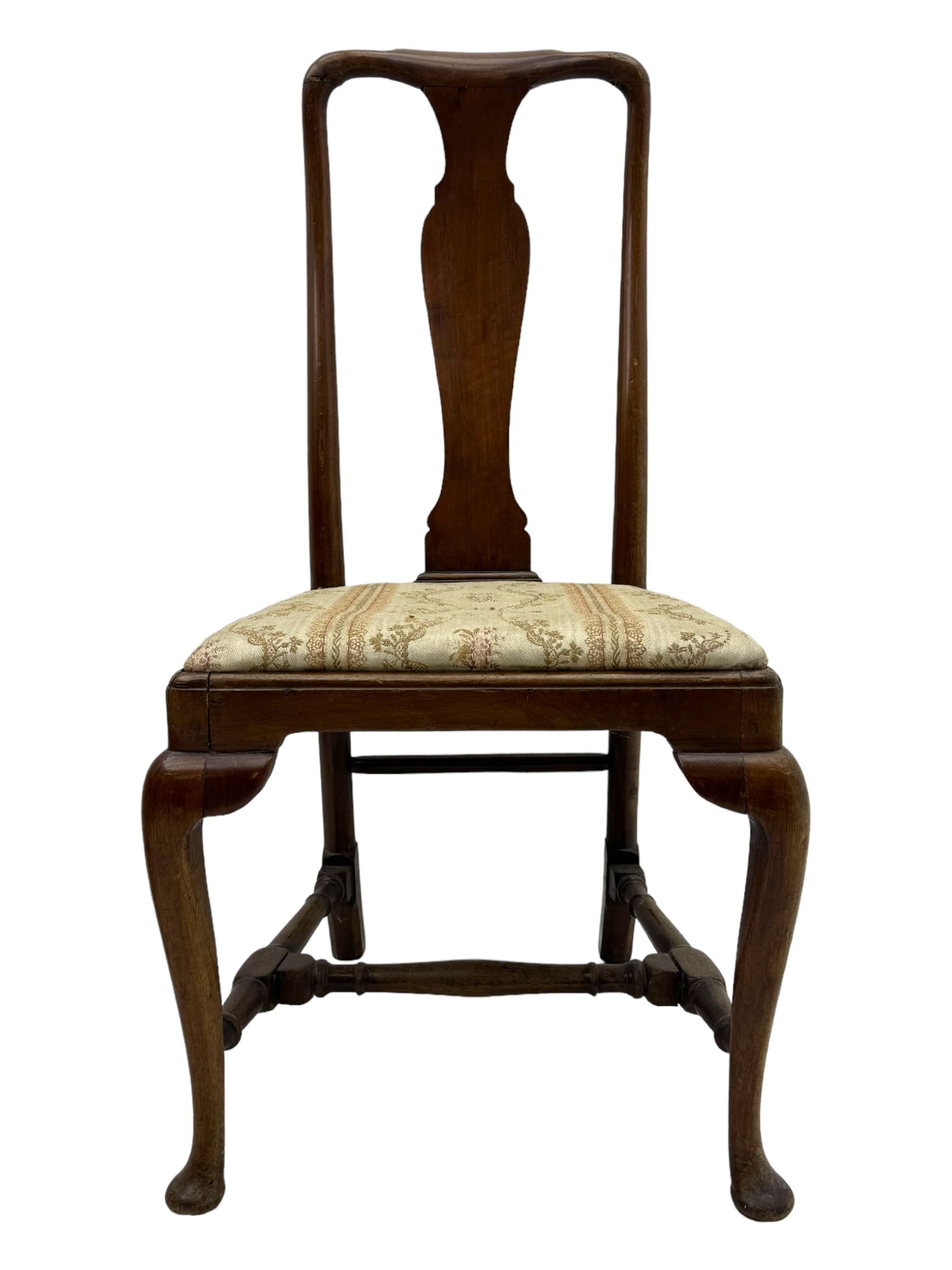 Pair of 19th century Queen Anne design walnut framed side chairs, yoke crest rail over vase-shaped splat, upholstered drop-in seats, raised on cabriole supports with pad feet united by turned stretchers