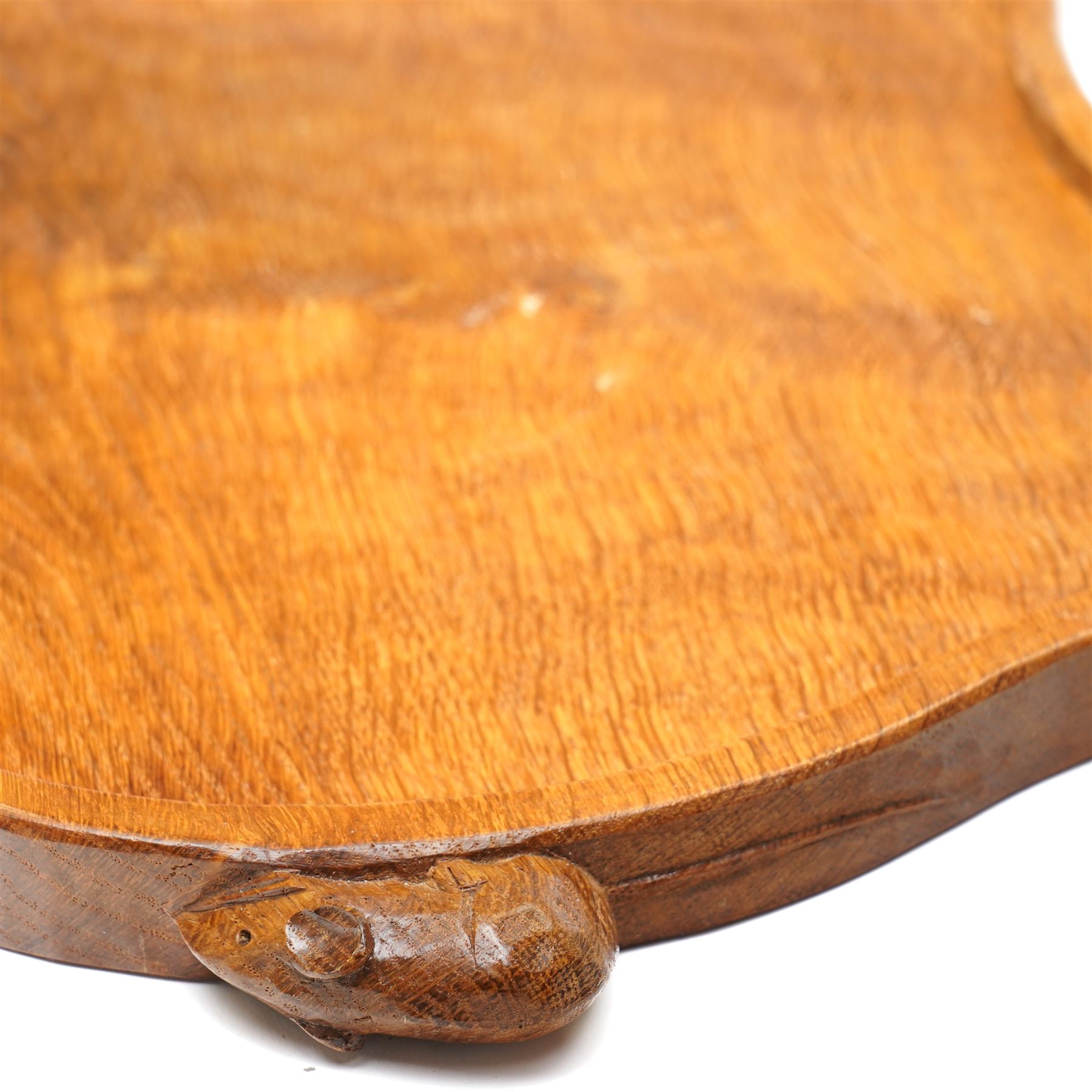Mouseman - adzed oak kidney shaped tea tray with twin carved mouse signature handles, by the workshop of Robert Thompson, Kilburn, W47cm