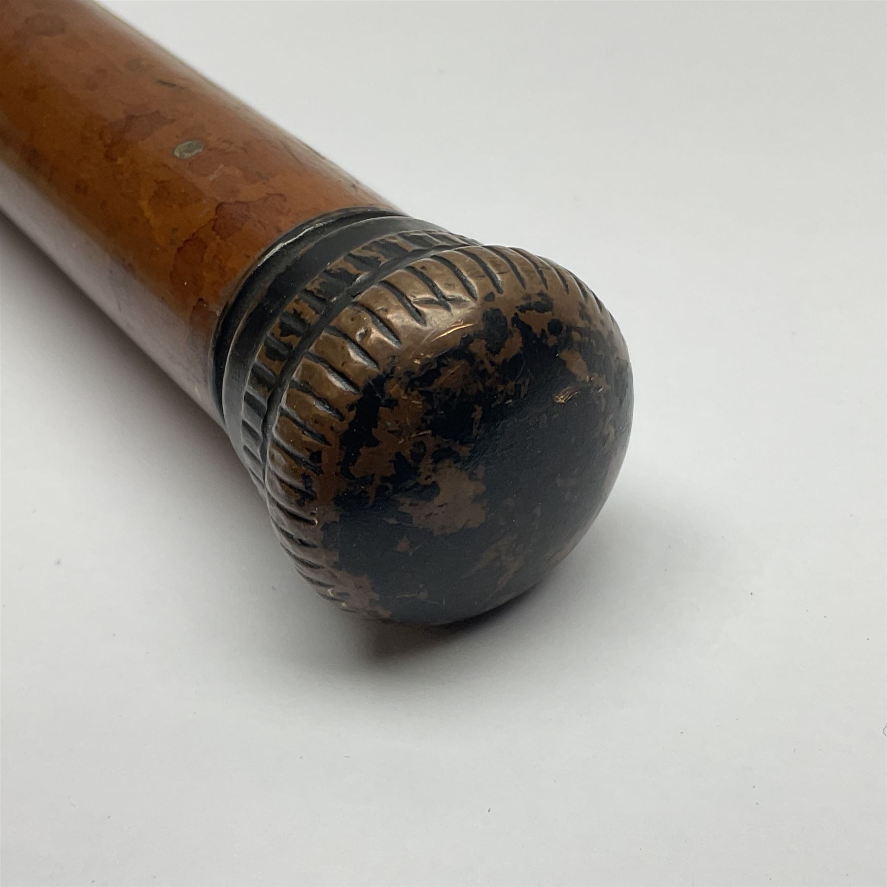 19th century malacca walking cane, the screw threaded domed cover opening to reveal vacant recess, above a further screw threaded opening revealing a removable glass vial with stopper, glass vial L41cm, cane L89.5cm