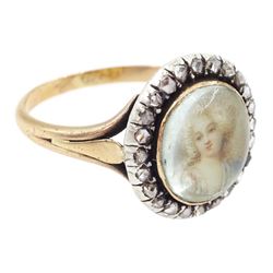 19th century French 18ct gold and silver diamond portrait ring, set with an oval miniature of a woman in 18th century dress on ivory, under a glazed panel, with rose cut diamond surround and trifurcated shoulders, hallmarked. This lot has been registered for sale under Section 10 of the APHA Ivory Act