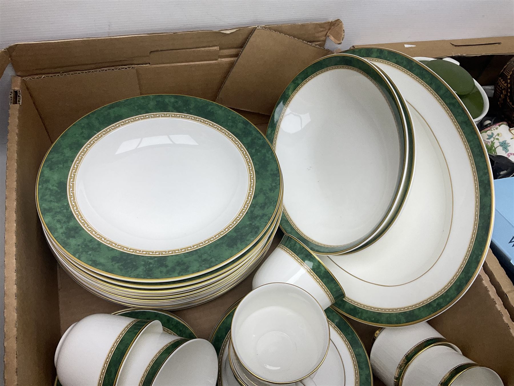 Quantity of ceramics to include Royal Albert and Paragon Elgin pattern tea wares, St Andrews Doulton and Company Green Marble pattern tea and dinner wares, Johnson Bros Snowhite tea and dinner wares, two Sark pottery vases, other studio pottery, Wedgwood Jasperware, Royal Doulton Dickensware Poor Jo plate, Mintons etc in three boxes