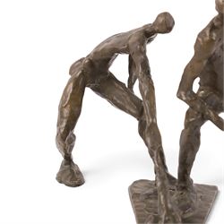 Modernist School (mid-20th century) - bronze cast sculptures depicting two abstract bronze figures, signed Lei and dated 1989, H16.5cm