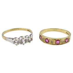 Gold ruby and diamond chip half eternity ring and a gold three stone cubic zirconia ring, both 9ct