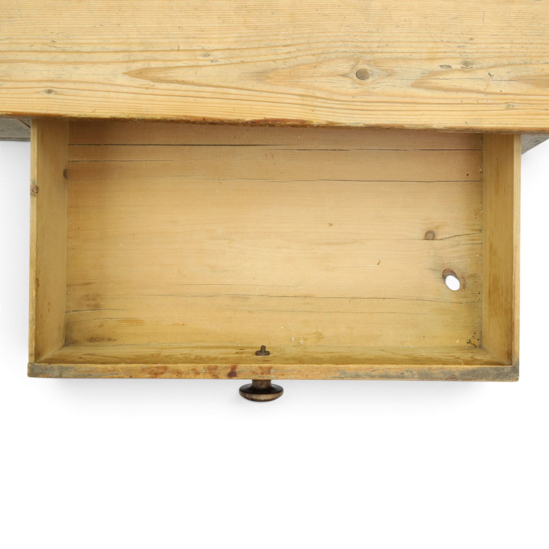 19th century stripped and painted rustic pine table, rectangular triple plank top fitted with two drawers, raised on square tapering supports