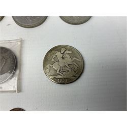 Mostly Great British coins, including King George IV 1821 crown, Queen Victoria 1890 double florin, King George V 1922 florin, commemorative crowns etc