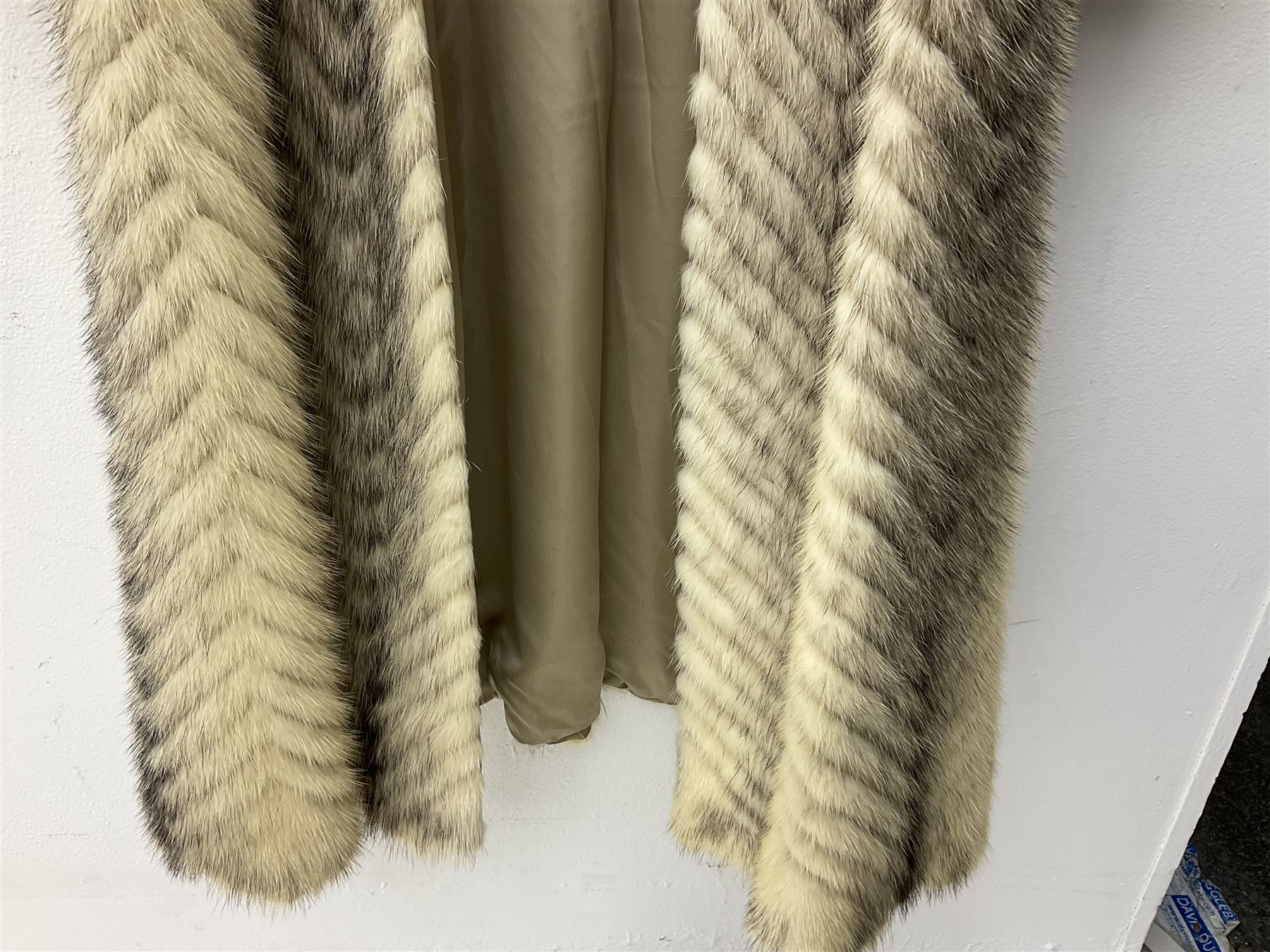 Saga mink full length fur coat, with chevron patterning to sleeves and body, with label to lined interior, approx size 12