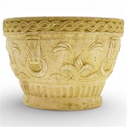 Cotswold Studios - set of two cast stone garden round planters with stylised floral and ropework borders (H 24cm, D 34cm)