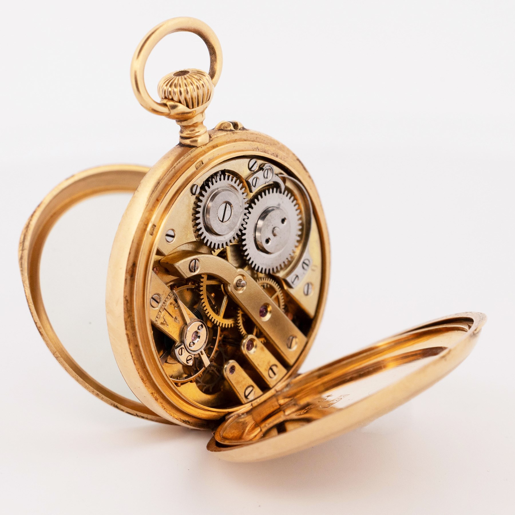 Early 20th century 18ct gold open face keyless lever fob watch by A. Bornand, Montreux, No. 6907, white dial with Roman numeral hour markers, sixty minute outer ring and subsidiary seconds dial, case with engraved foliate decoration and empty cartouche, stamped 18K with Helvetia hallmark