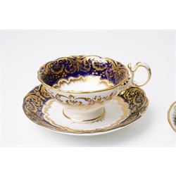 Grainger Lee & Co Worcester teacup, together with a collection of cobalt blue cabinet cups and saucers,  including a Royal Doulton hand-painted example by E Percy, and various others 19th century and later, mostly unmarked (7 pairs)