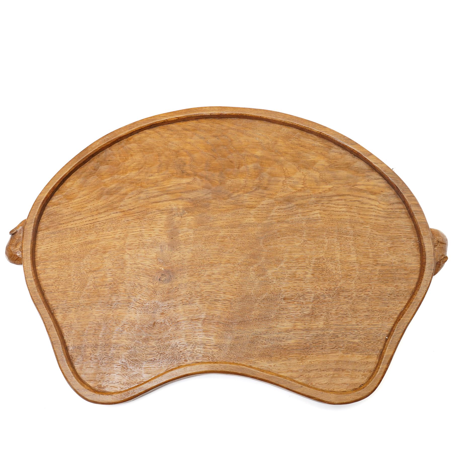 Mouseman - adzed oak kidney shaped tea tray with twin carved mouse signature handles, by the workshop of Robert Thompson, Kilburn, W47cm