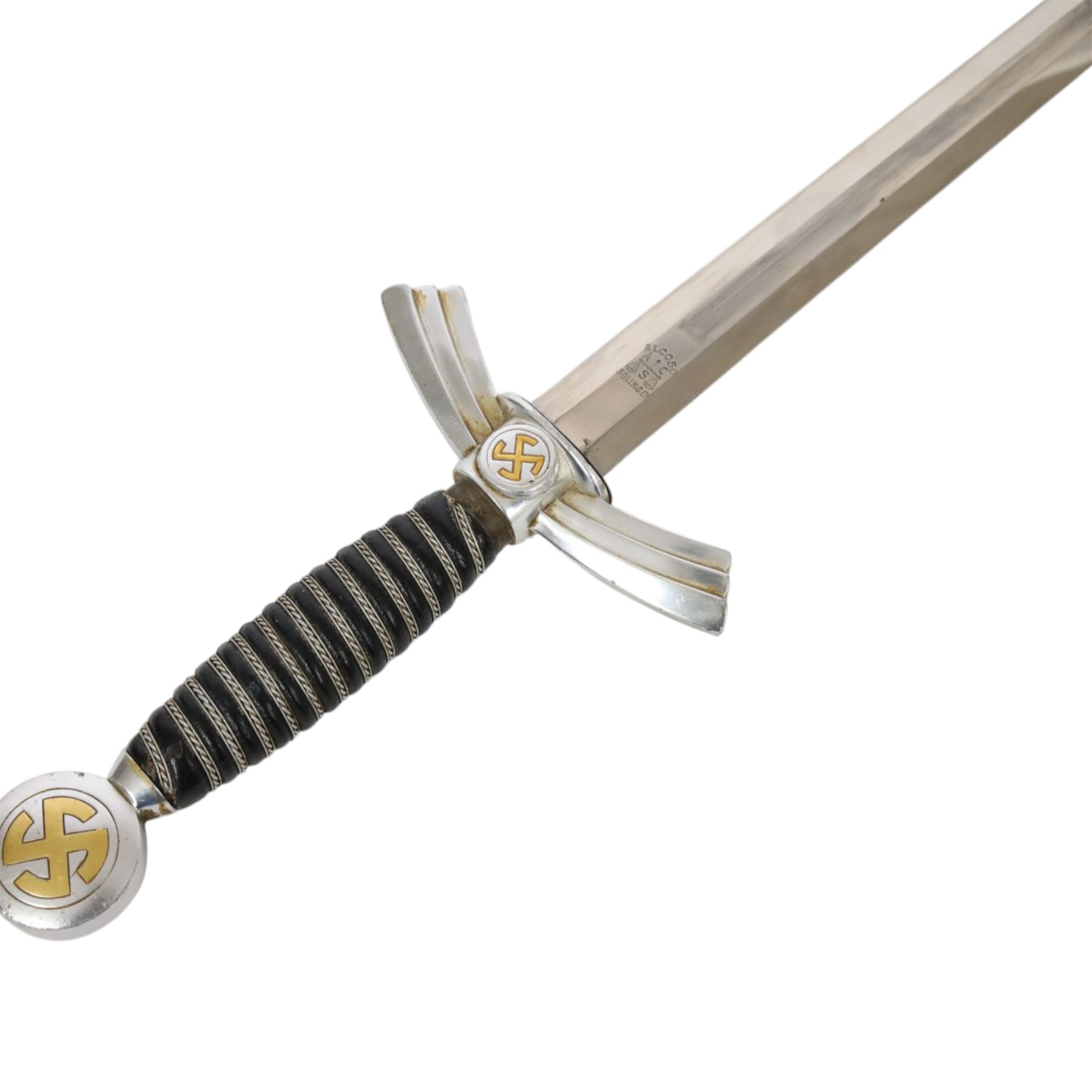 German Third Reich Luftwaffe Officers Dress Dagger by Alcoso Solingen, the 30cm double edged blade marked Alcoso Solingen, with plated down-swept quillons and pommel bearing swastika, wire-bound blue leather grip, the leather covered sheath with mounts and hanging chains, overall L50cm 