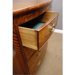  Victorian figured mahogany bow front chest, three long and two short drawers, W105cm, H121cm, D54cm  