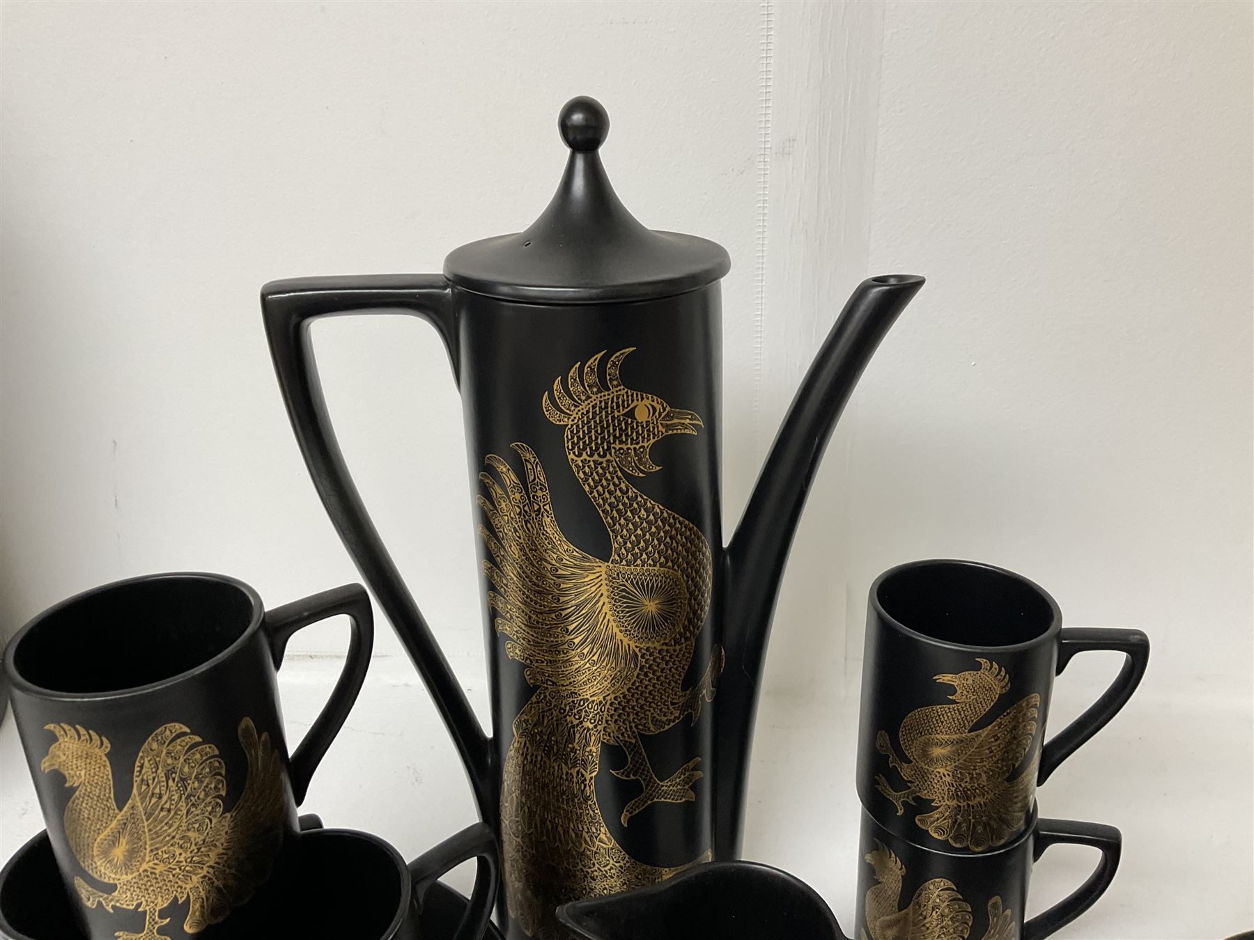 Portmeirion Phoenix pattern coffee set for six by John Cuffley, comprising coffee pot, milk jug, open sucrier, coffee cans and saucers and dessert plates 