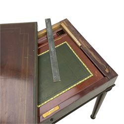 Mid-20th century French design mahogany fold-over card table, the top opens to reveal inset leather playing surface, the drawer fitted with inset writing surface, on turned and fluted supports with brass inlay and fittings