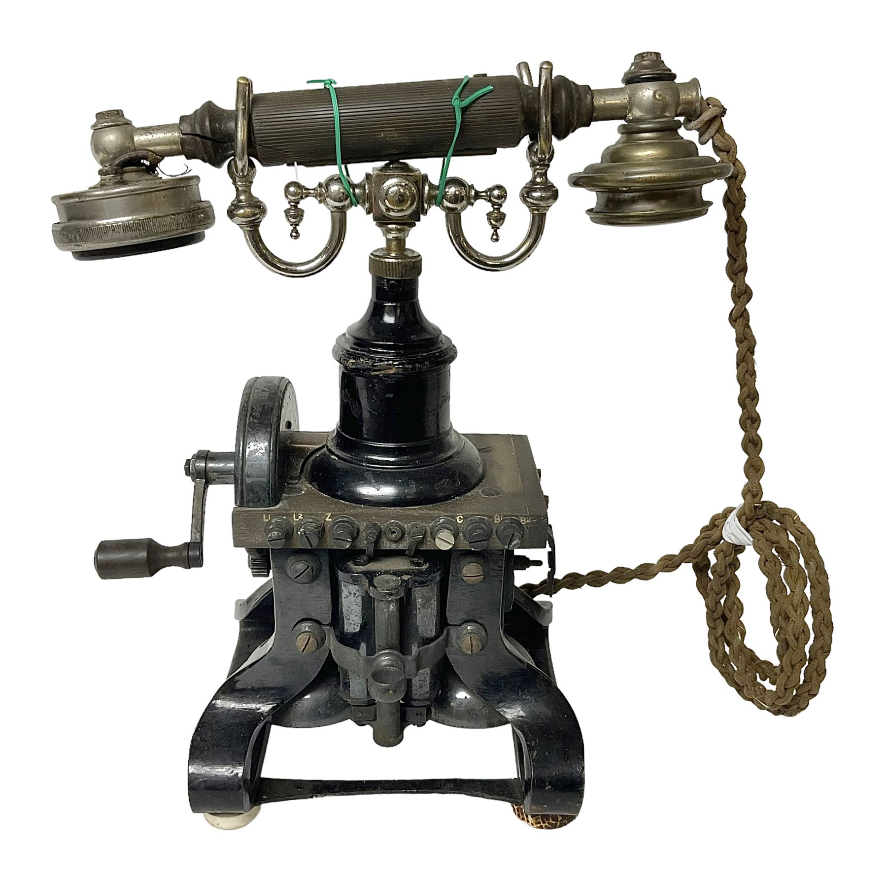 Early 20th century Skeleton Type telephone, probably made by Ericsson, marked MR No. 16, with headset, H30cm