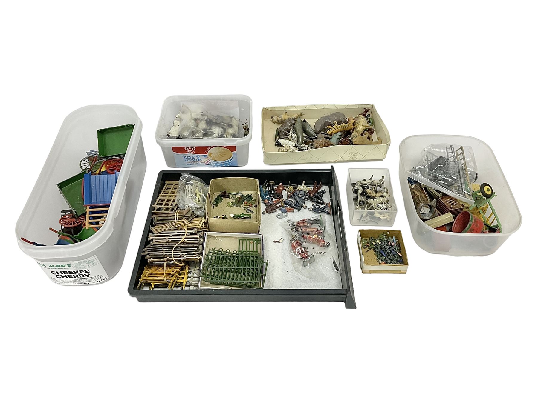 Large quantity of playworn 1950s Britains and other lead figures including farm and zoo animals, horse drawn carts, fencing etc