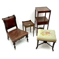 19th century child's mahogany chair, turned and fluted cresting rail, studded leather back and seat, turned supports (W50cm), mahogany framed stool and two other items 