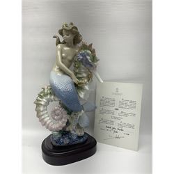 Lladro figure, Beneath the Waves, modelled as a mermaid and seahorse upon a wooden plinth, no 1822, limited edition 1389/2500, with certificate and original box, H32cm 