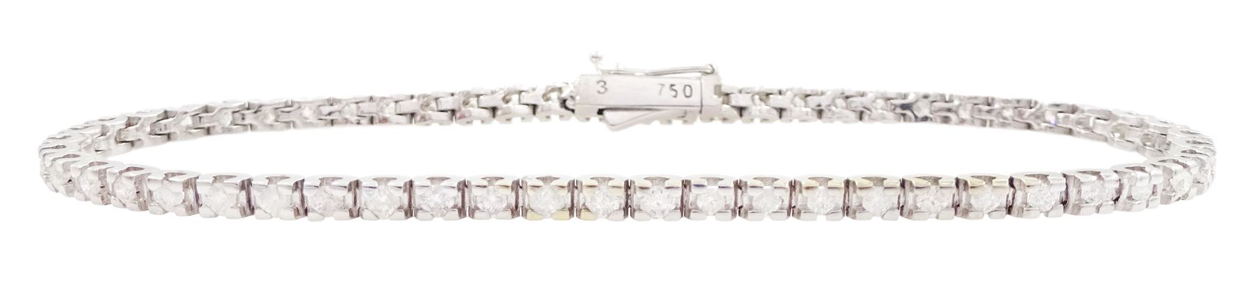 18ct white gold round brilliant cut diamond line bracelet, stamped 750, total diamond weight approx 1.40 carat