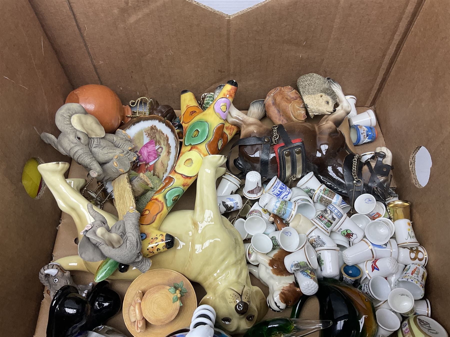 Quantity of ceramics to include Limoges egg box decorated with flowers, Limoges miniature furniture, Beswick bulldog and blue tit figures, Royal Worcester Palissy, pair of Chinese vases, Japanese tea wares, collection of thimbles, Crown Staffordshire, teawares, together with two Murano style glass clowns etc