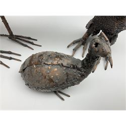 Three metalwork figures of bird, to include owl, a heron etc, largest H45cm