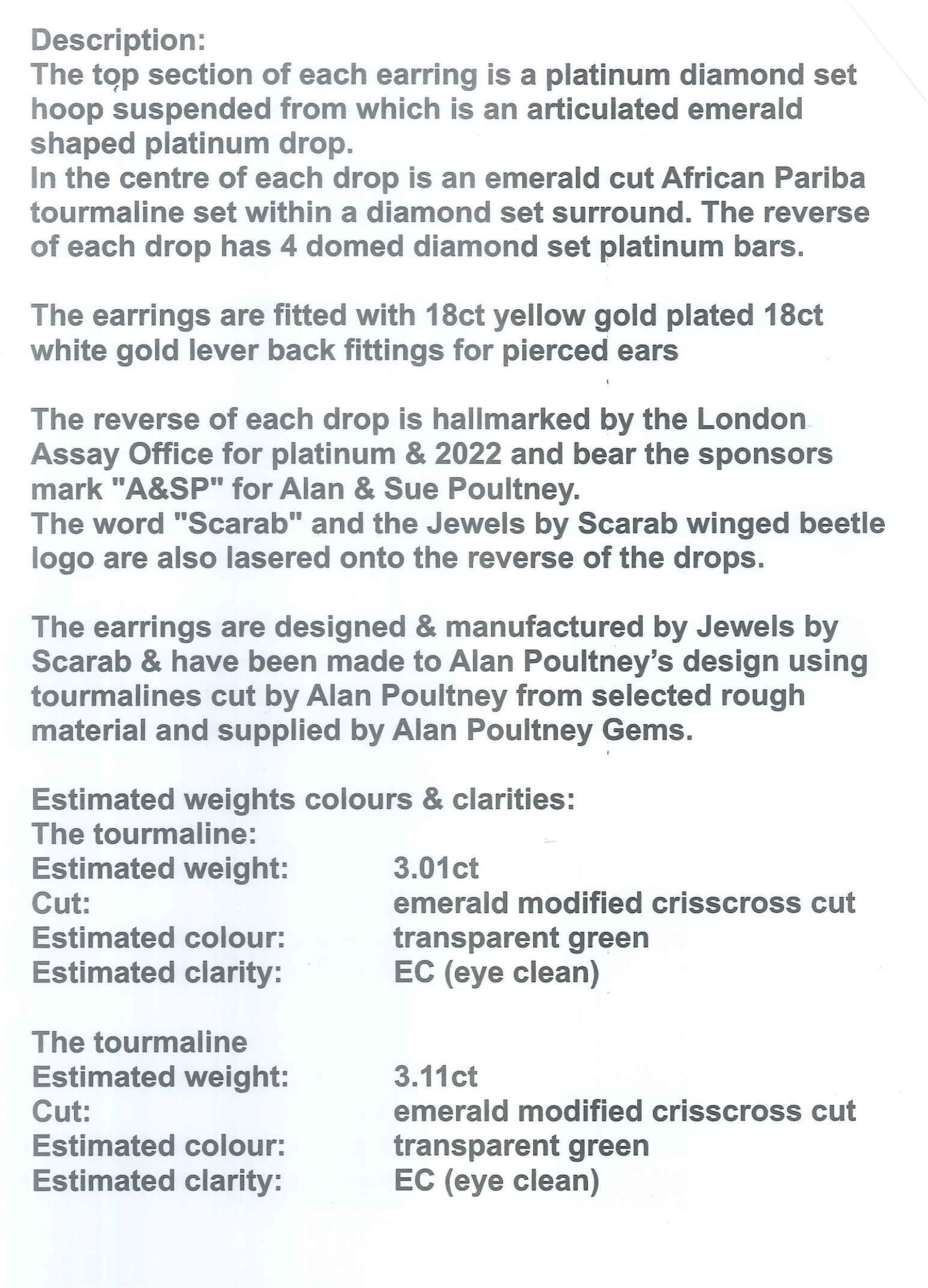 Pair of platinum African Paraiba tourmaline and diamond earrings by Scarab London, each pendant set with a modified octagonal cut tourmaline, surrounded by round brilliant cut diamonds and diamond set bail, London 2022, total tourmaline weight approx 6.12 carat, total diamond weight approx 0.74 carat, with Alan Poultney Gems report