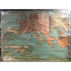  Set of four vintage Dutch school wall maps by Wandkaarten: Nepoleonic Time 1807 - 1815,  The end of Hohenstaufen rule (911-1254), Europe during the migration and one other, all linen backed L140cm max (MAO 1706)  