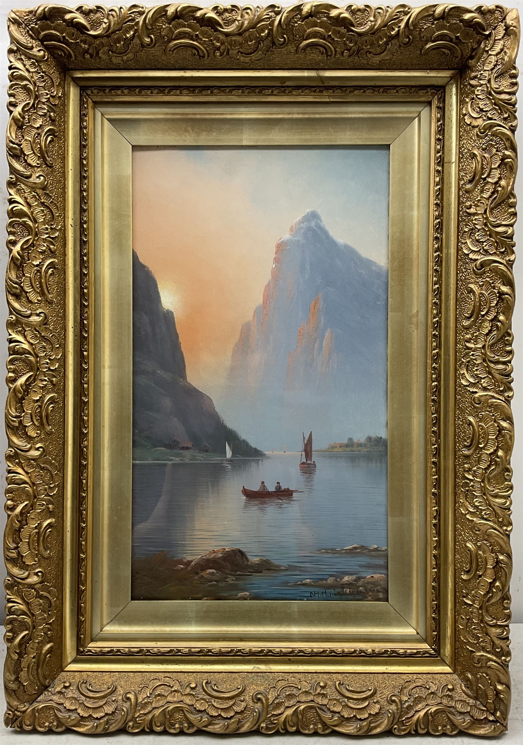 Nils Hans Christiansen (Denmark 1850-1922): Day and Eventide on the Fjords, pair oils on board signed 40cm x 22cm (2)