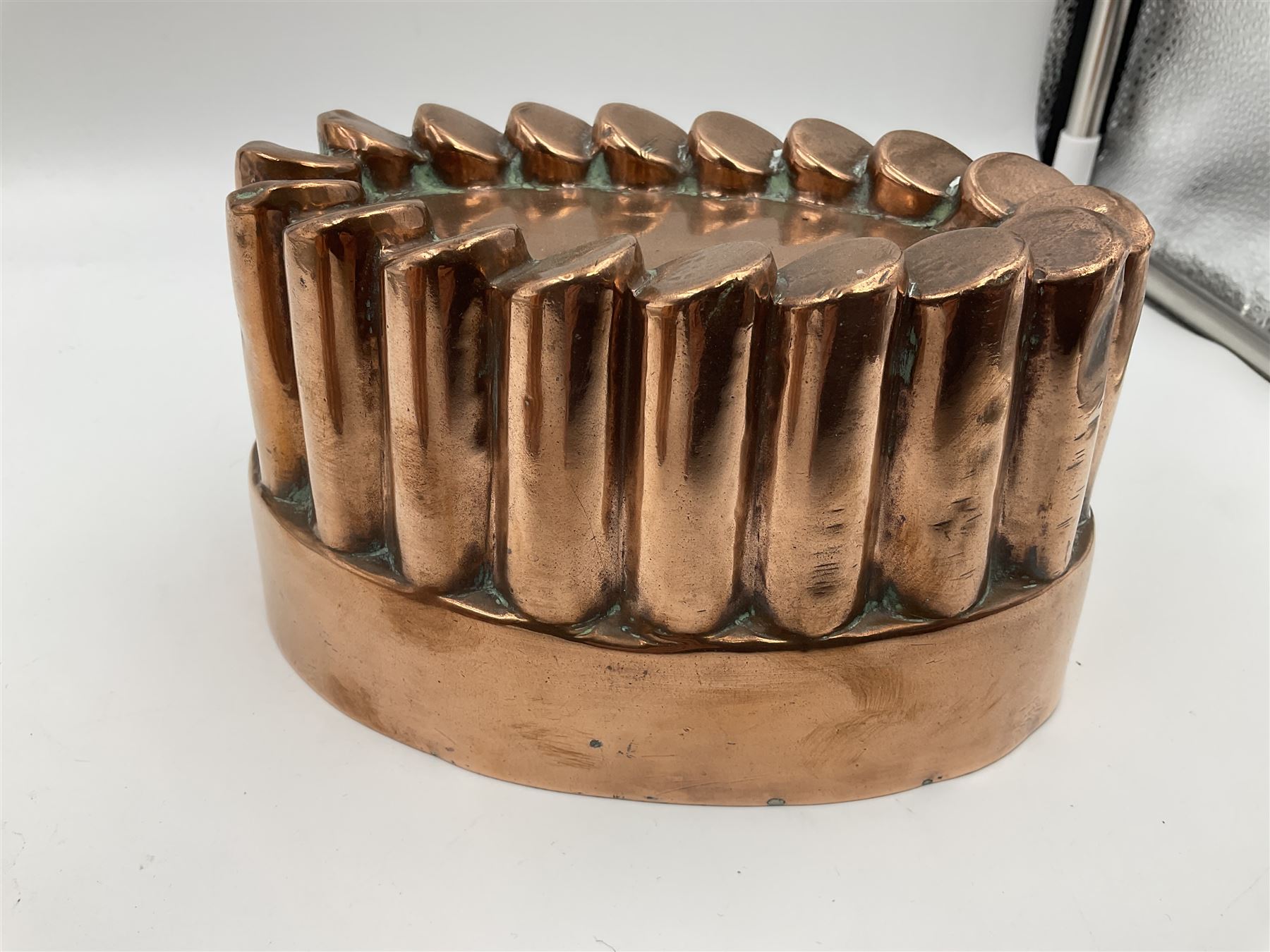 Five Victorian copper jelly mould, largest H10cm, L16cm